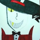 Stylized character with large black hat and red accents