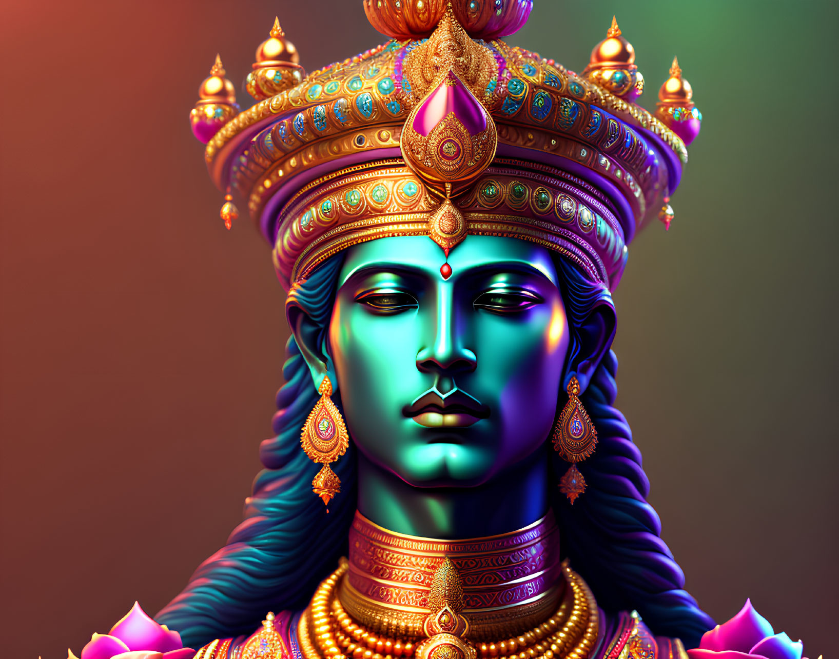 Blue Deity with Golden Crown on Gradient Background