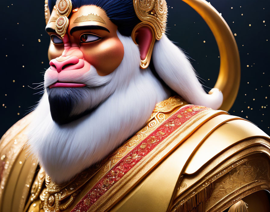 Detailed Lord Hanuman illustration in golden armor on starry backdrop