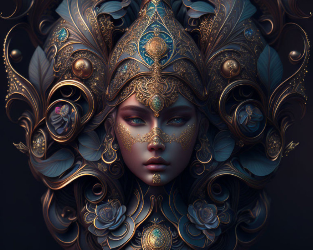 Intricate digital artwork of female figure with gold and turquoise headpiece