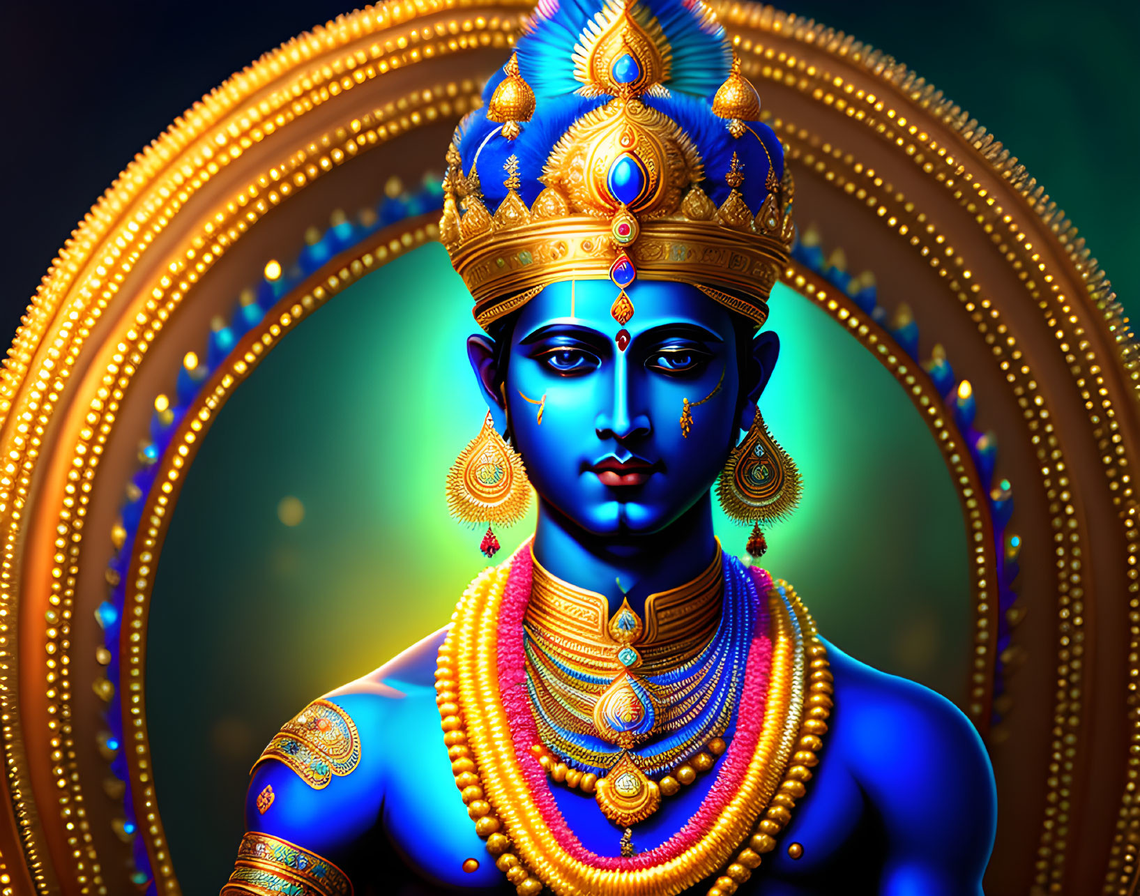 Blue-skinned deity with golden ornaments and elaborate headgear in glowing halos