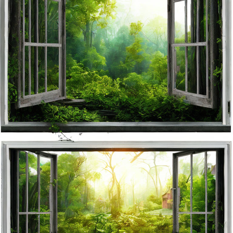 Contrasting forest views through open window