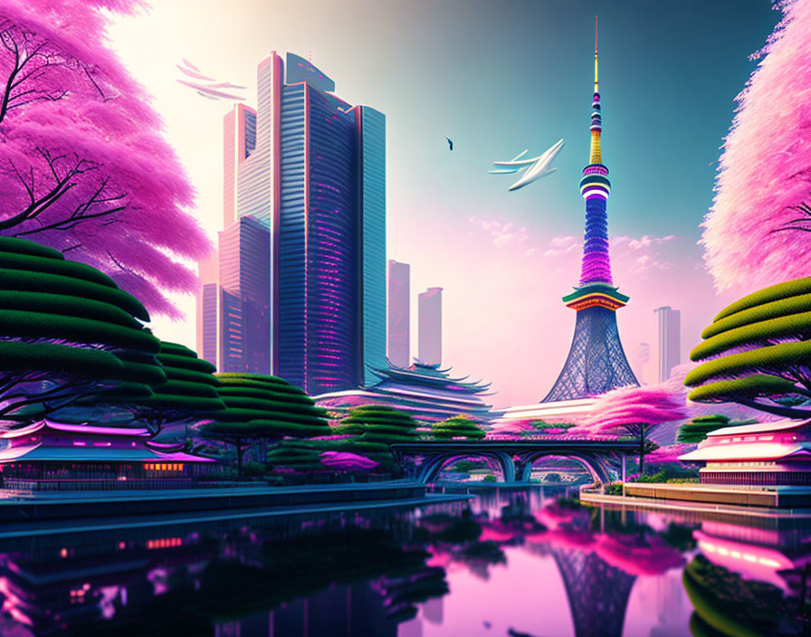 Futuristic cityscape with modern skyscrapers, iconic tower, pink foliage, stylized trees