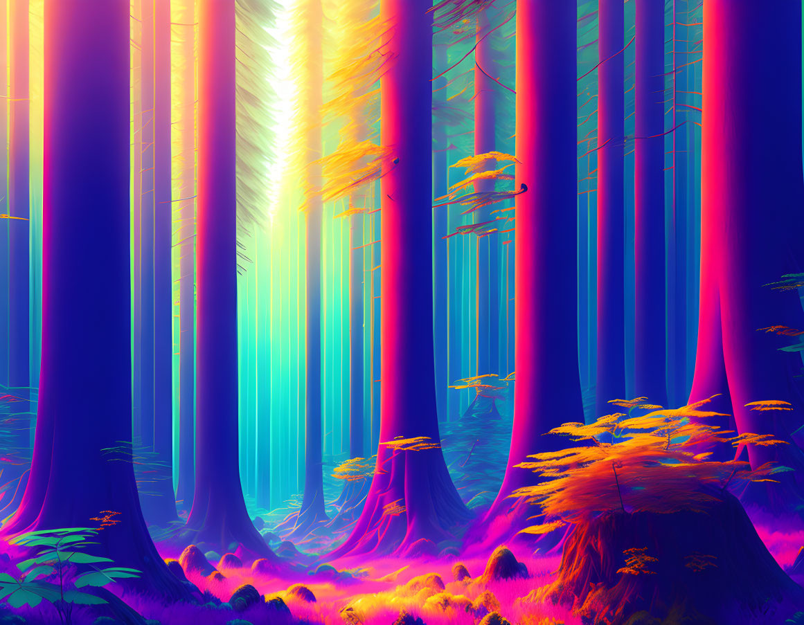 Colorful Digital Art: Mystical Forest with Neon Trees