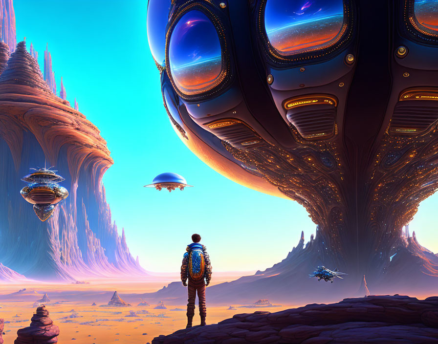 Person gazes at futuristic floating ships in desert terrain