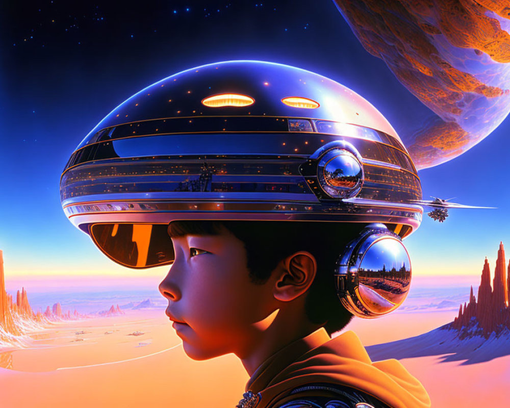 Child in futuristic space helmet with sci-fi landscape.