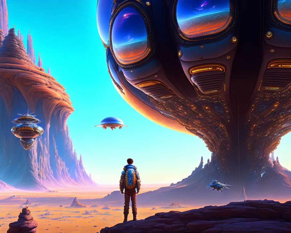 Person gazes at futuristic floating ships in desert terrain