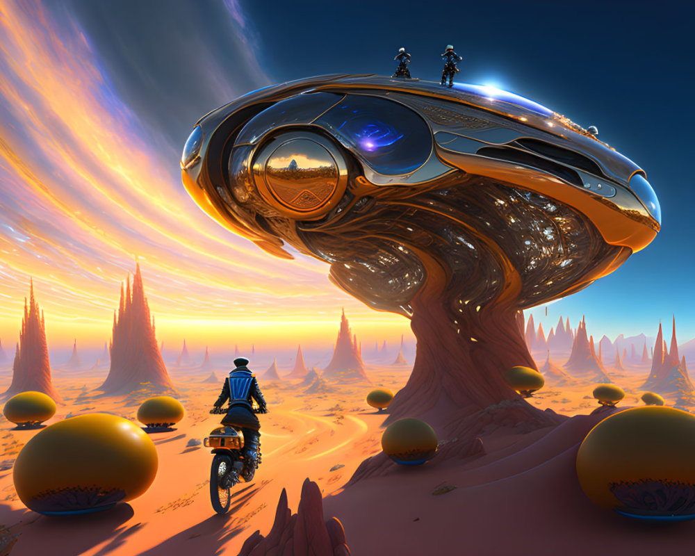 Man on Hoverbike Approaches Organic Structure in Alien Landscape