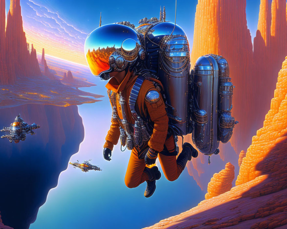 Astronaut with large jetpack in surreal alien landscape