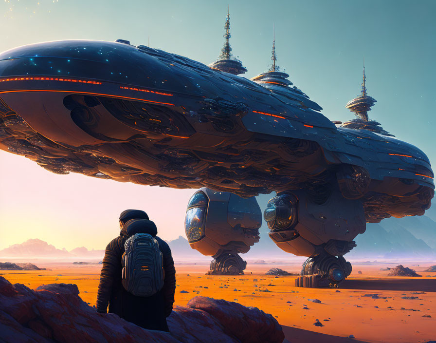 Person with backpack gazes at futuristic spaceship in desert dusk.