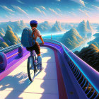 Person on Bicycle Pausing on Futuristic Purple Bridge Amidst Rock Formations and Flying Saucers