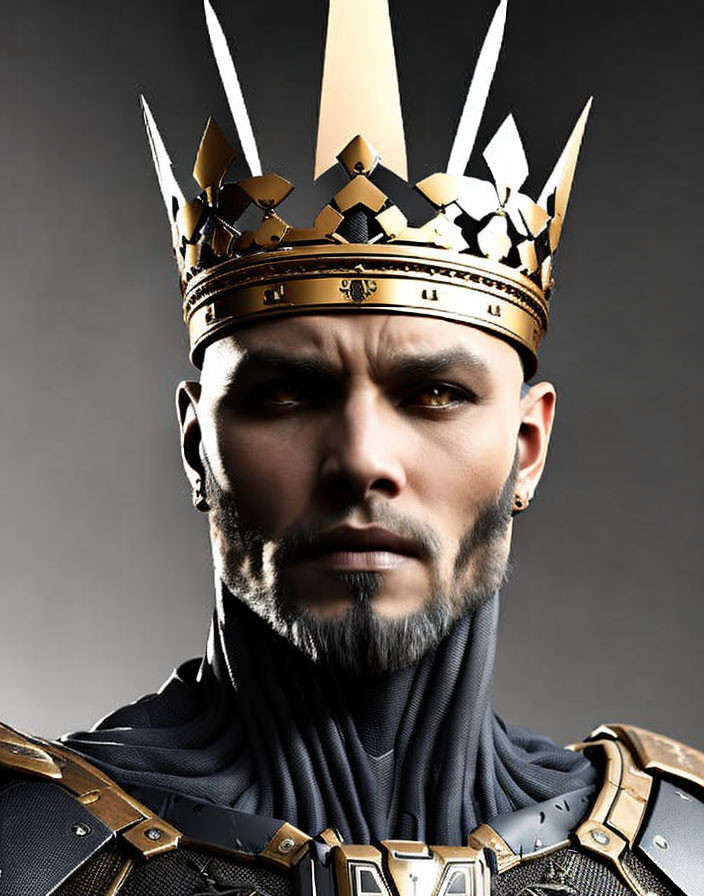 Bearded man in golden crown and regal armor on grey background