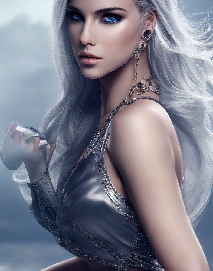 Digital artwork: Woman with blue eyes, silver hair, grey dress, and jewelry in misty setting