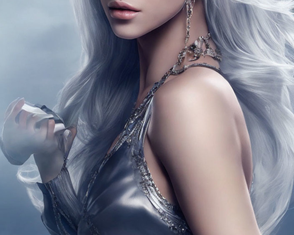 Digital artwork: Woman with blue eyes, silver hair, grey dress, and jewelry in misty setting