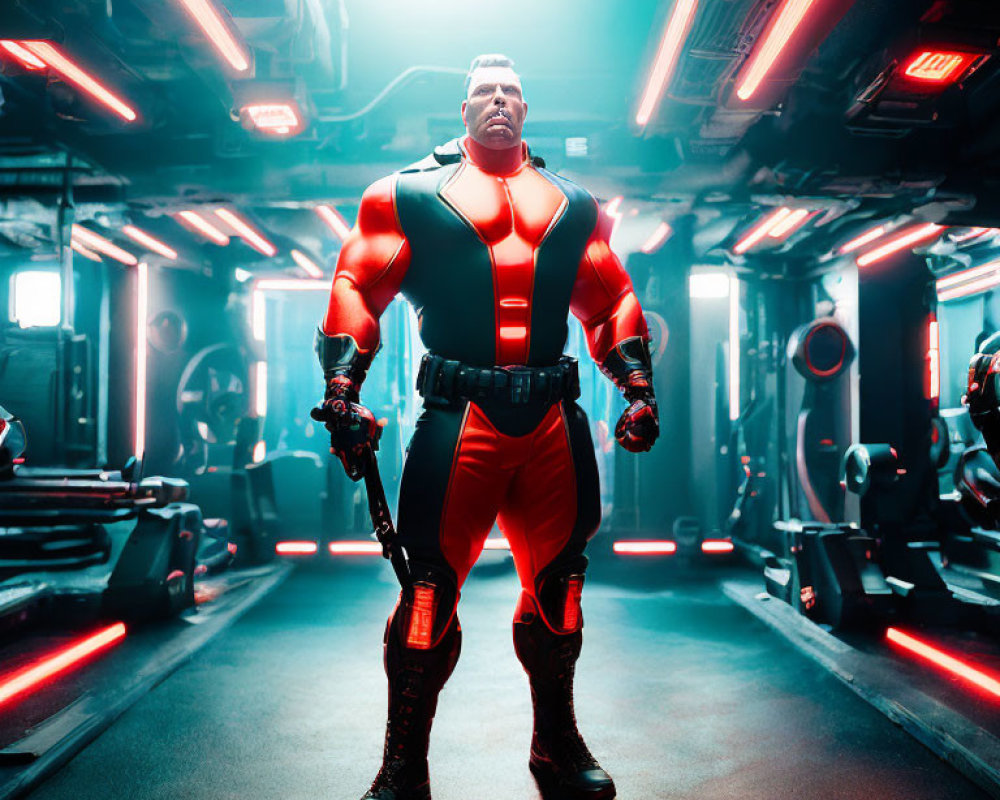 Muscular person in red and black futuristic suit in neon-lit corridor