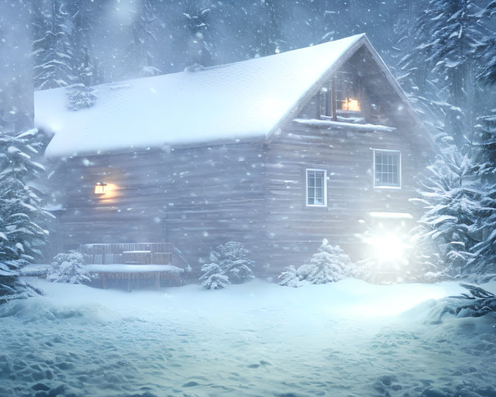 Snow-covered trees surround a cozy wooden cabin in serene snowfall