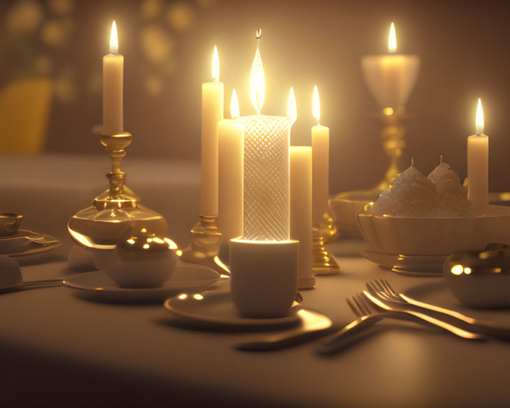 Elegant dining table set with candlelight glow and fruit bowls