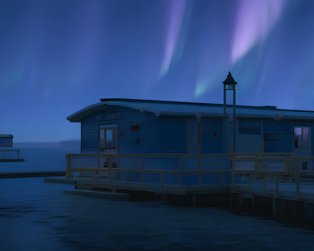 Blue Boathouse on Pier under Northern Lights Reflection
