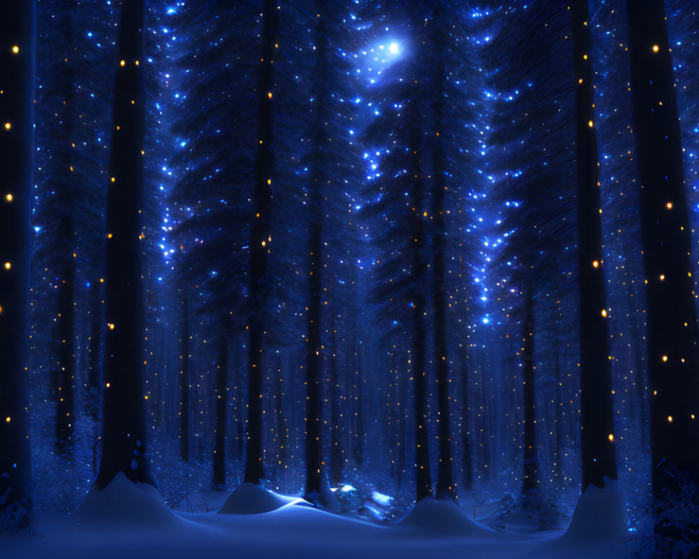 Enchanting Night Forest Scene with Snow and Glowing Lights