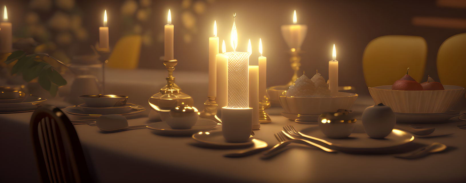 Elegant dining table set with candlelight glow and fruit bowls