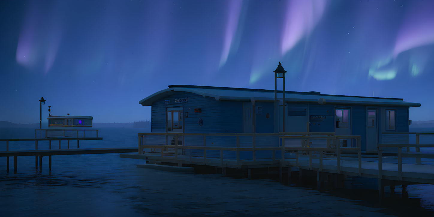 Blue Boathouse on Pier under Northern Lights Reflection