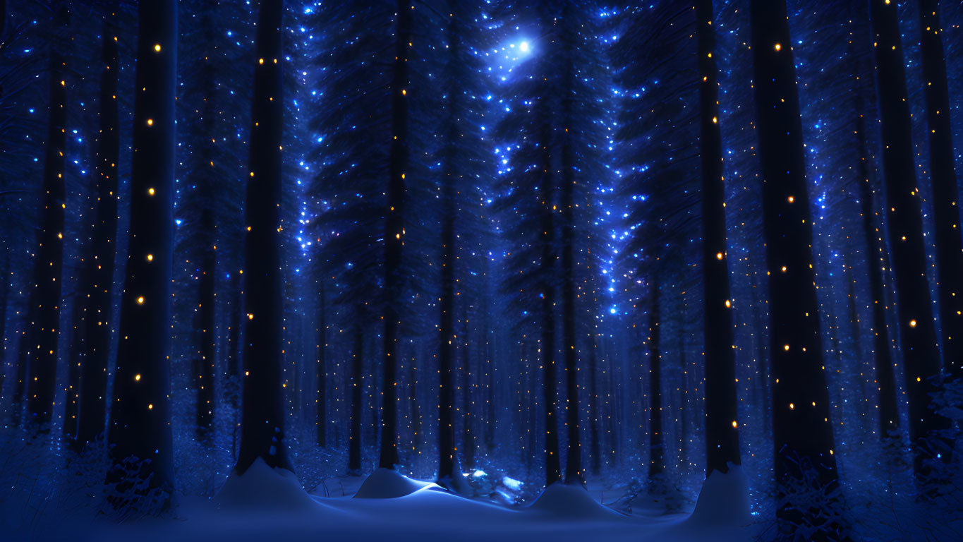 Enchanting Night Forest Scene with Snow and Glowing Lights