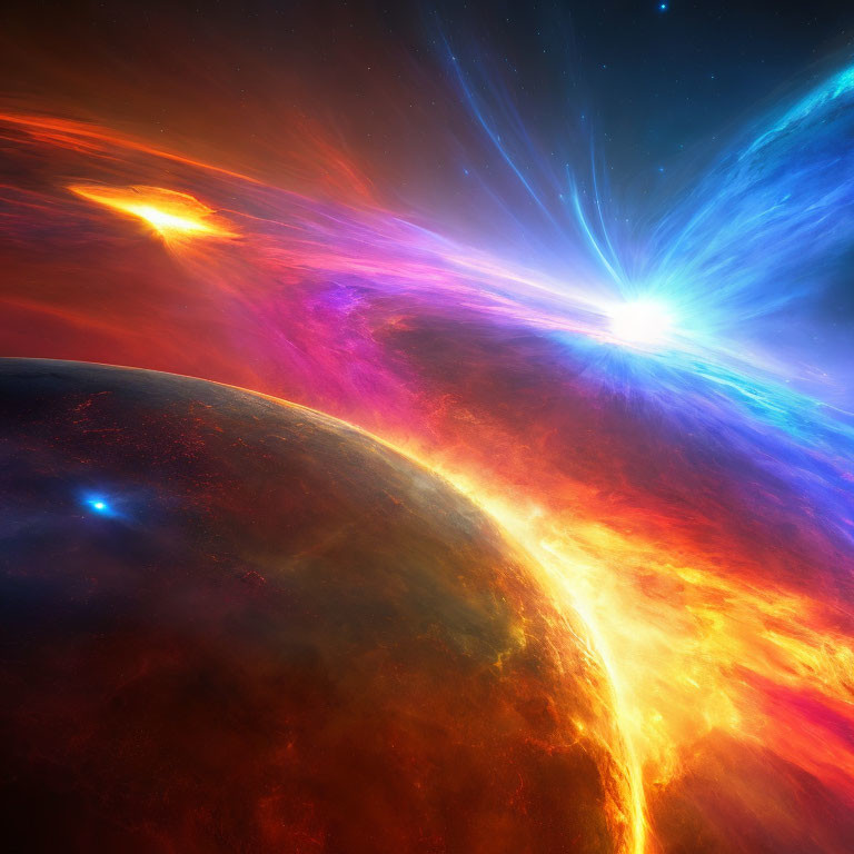 Colorful cosmic scene with star, nebulae, and fiery planet in space