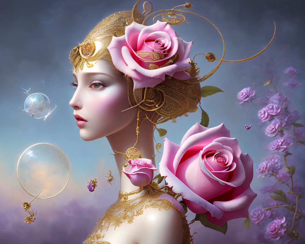 Surreal portrait of woman with gold and rose motifs, bubbles, and floating roses