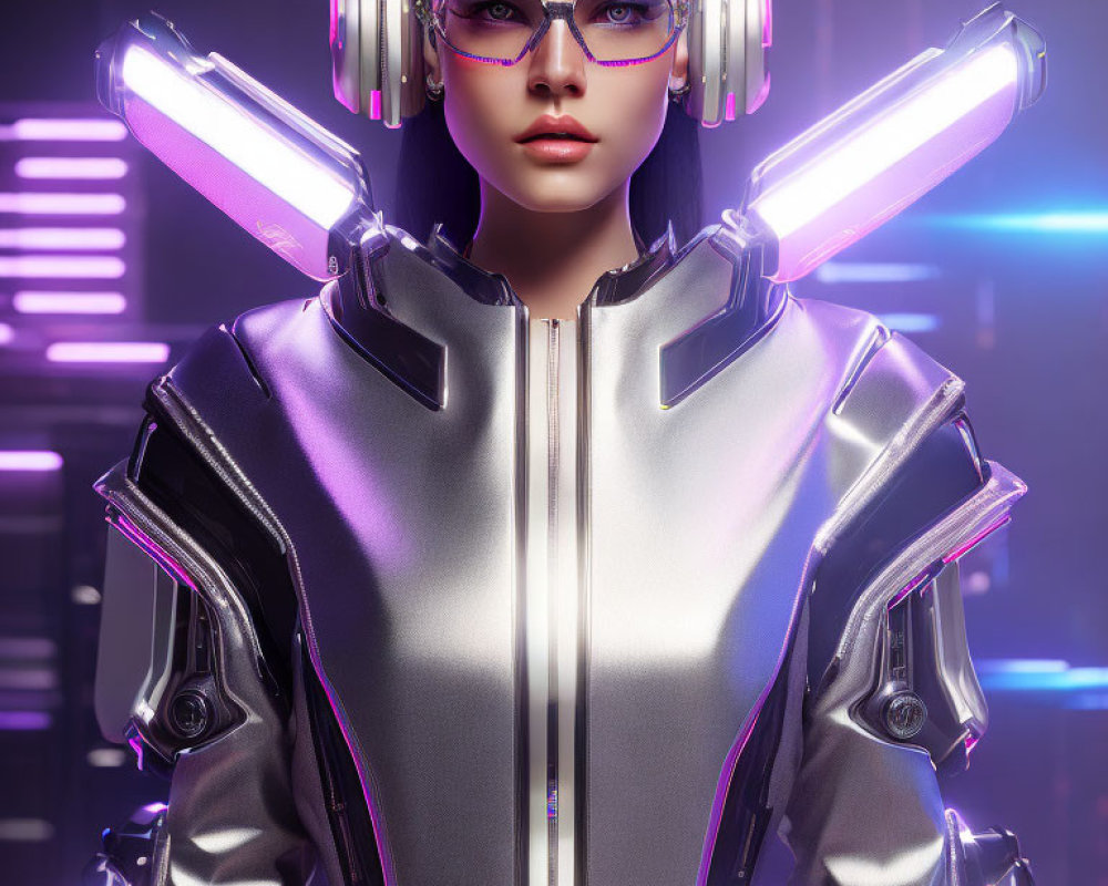 Futuristic female character with glowing headphones and sleek armor in neon-lit setting