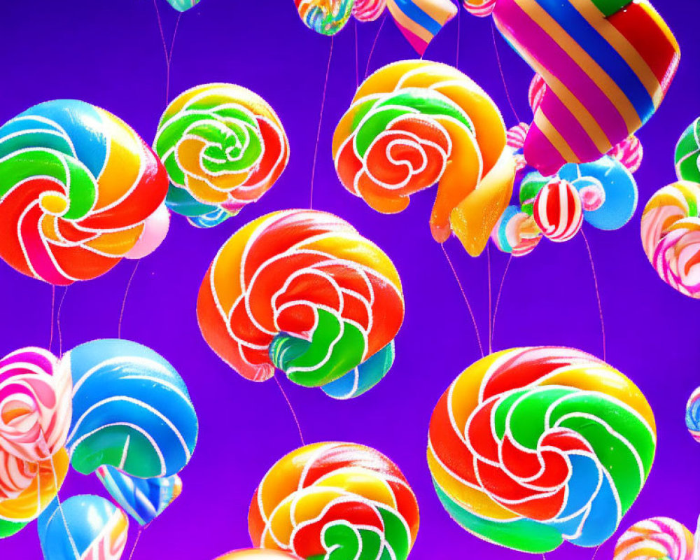 Vibrant spiral lollipops on purple background with string balloons