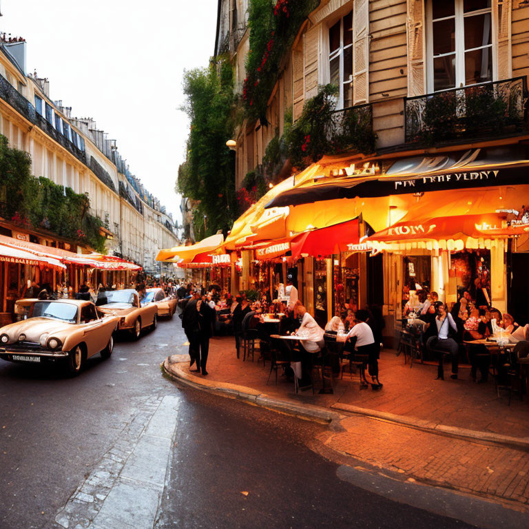 Street scene with café outdoor seating, diners, vintage car, and plant-adorned balconies