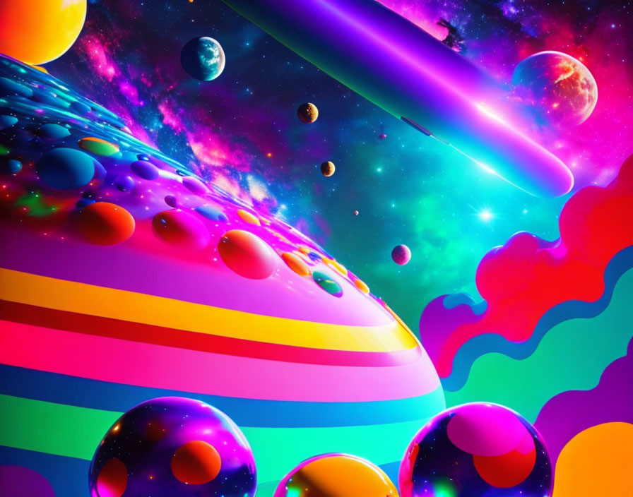 Colorful cosmic scene with rainbow planet, floating orbs, comet, and distant planets