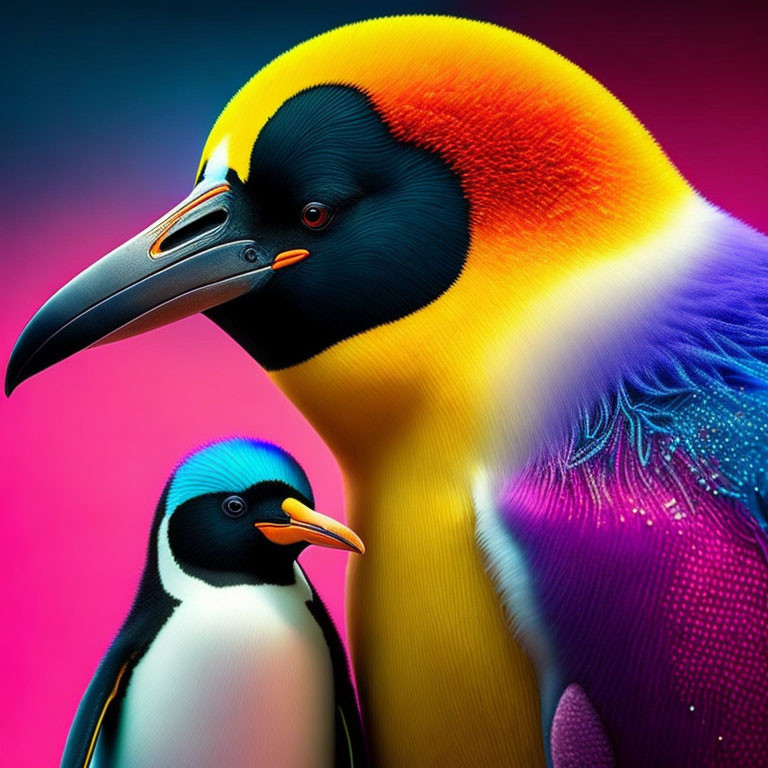 Colorful Toucan and Penguin Close-Up on Pink Background