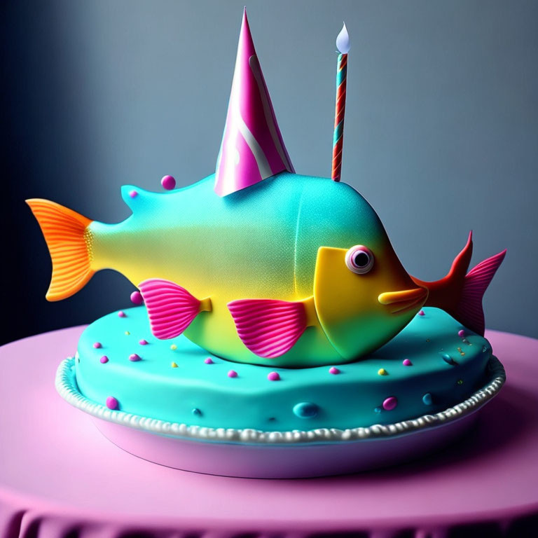 Colorful Fish-Shaped Birthday Cake with Party Hat and Candle on Blue Base