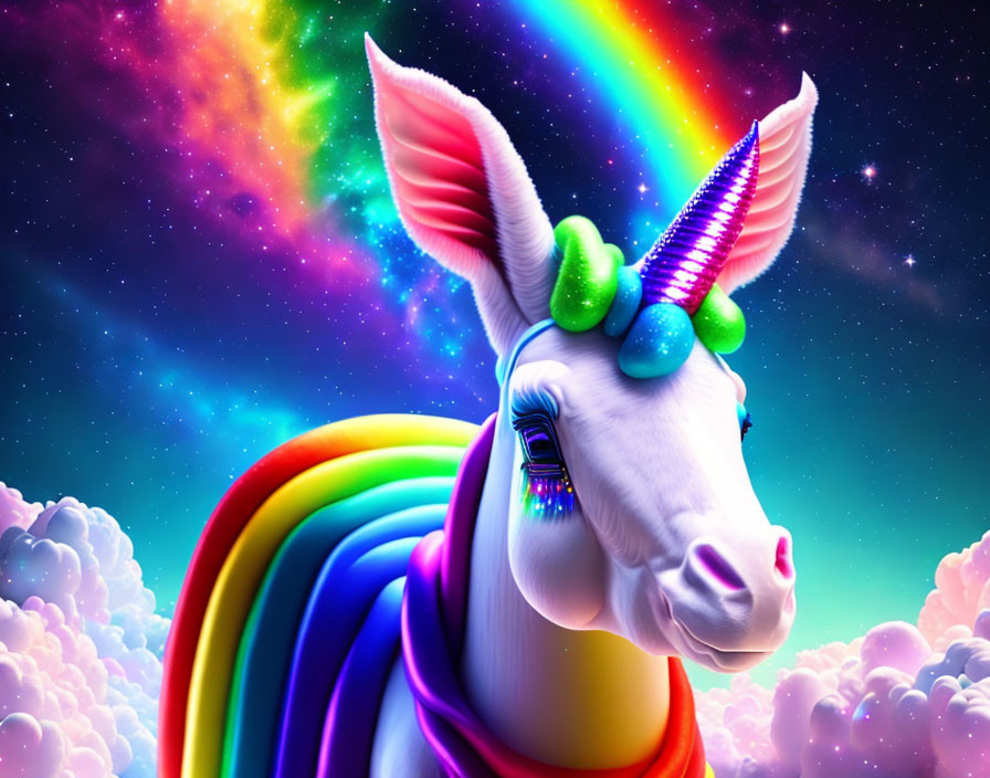 Whimsical unicorn digital art with rainbow mane in cosmic scene