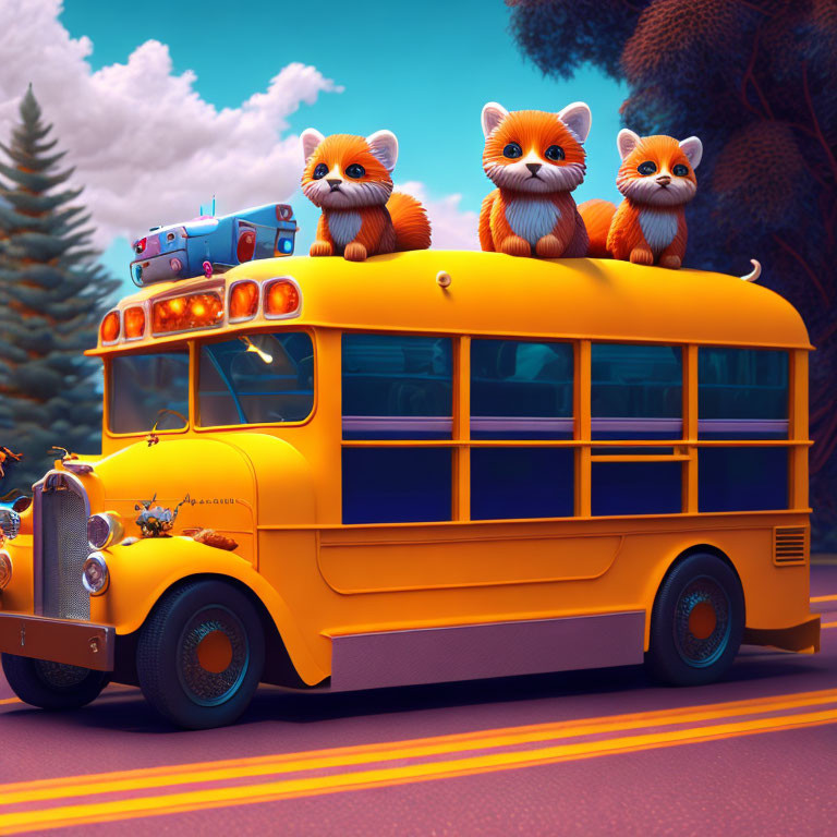 Three cartoon foxes on vintage school bus in colorful scene