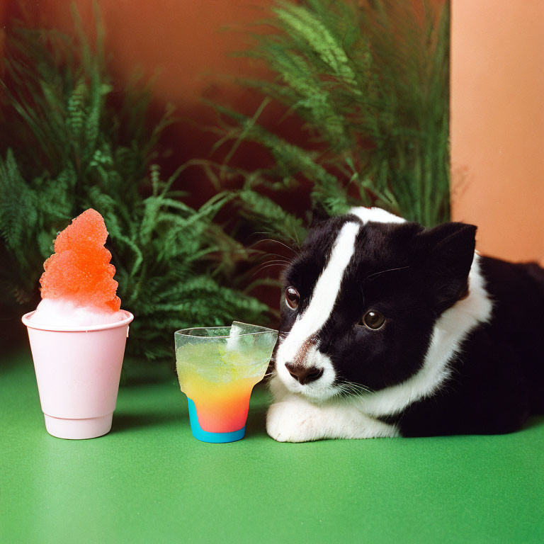 Black and white dog with colorful slush drink and frozen treat on green surface