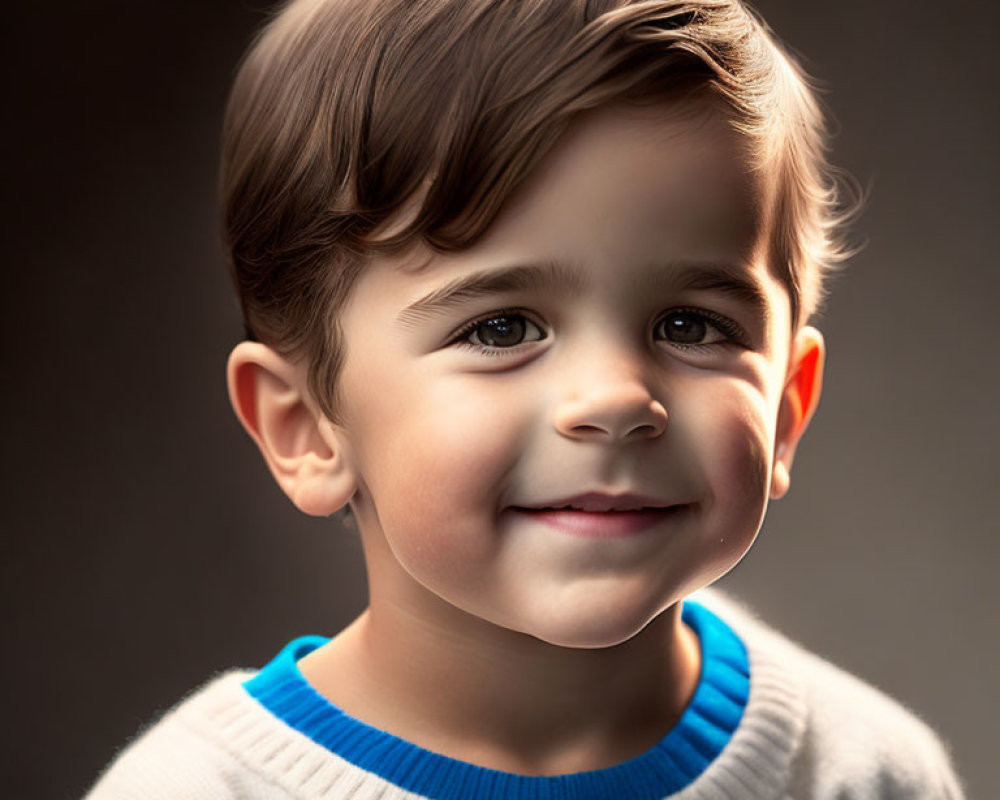 Young boy with neat brown hair in white sweater with blue trim on dark background