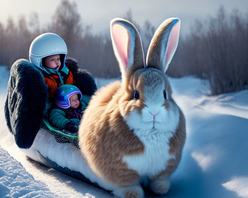 Giant Rabbit with Wings Carrying Children in Snowy Landscape