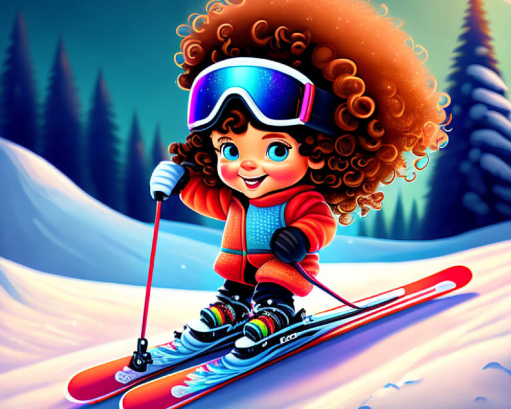 Young girl with curly hair skiing downhill in winter twilight scenery