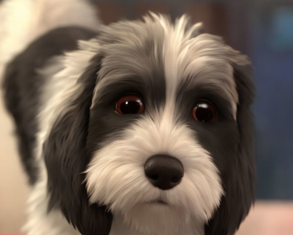 Fluffy Black and White Dog with Brown Eyes Close-Up