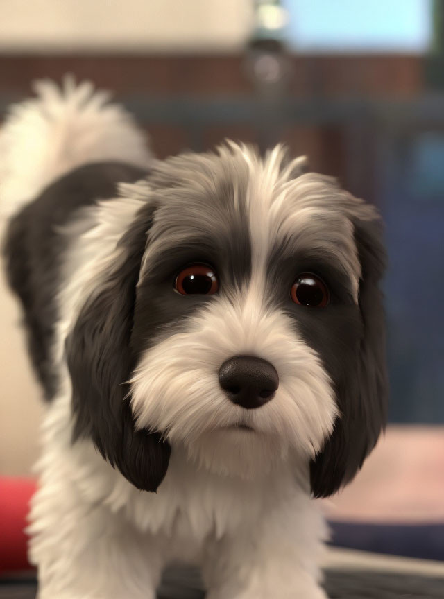 Fluffy Black and White Dog with Brown Eyes Close-Up