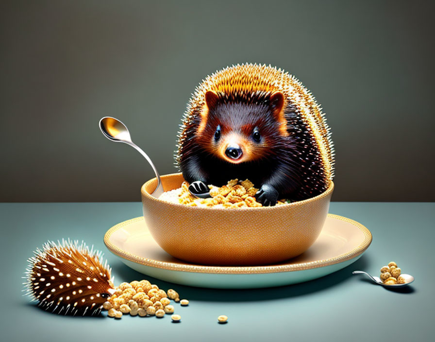 Adorable hedgehog in cereal bowl with spoon and scattered pieces