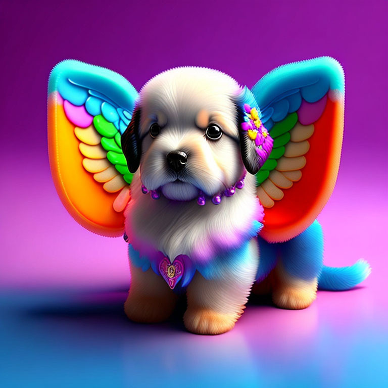 Colorful Illustration: Adorable Puppy with Butterfly Wings and Floral Decoration