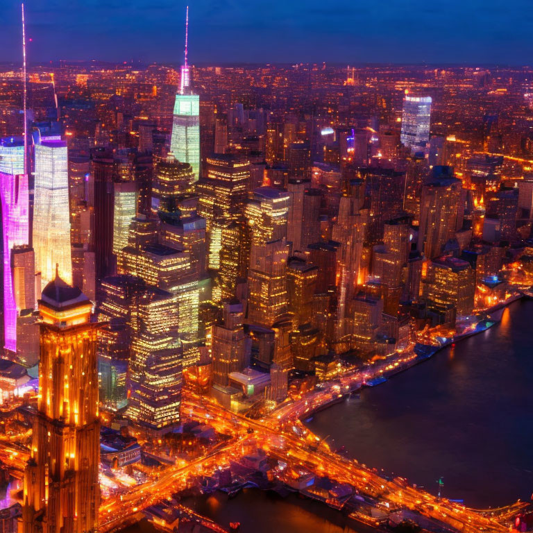 Vibrant night cityscape with illuminated skyscrapers and glowing streets