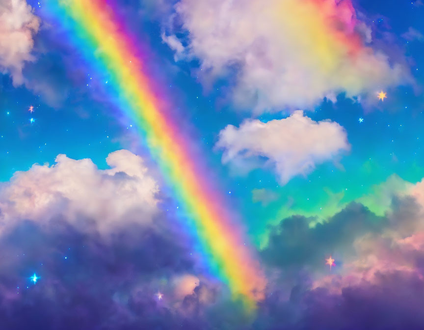 Colorful rainbow blending with clouds and stars in dreamy sky.