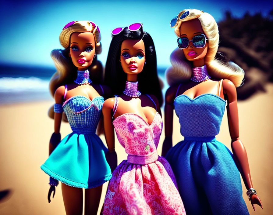 Three Barbie dolls in stylish outfits and sunglasses on sandy beach