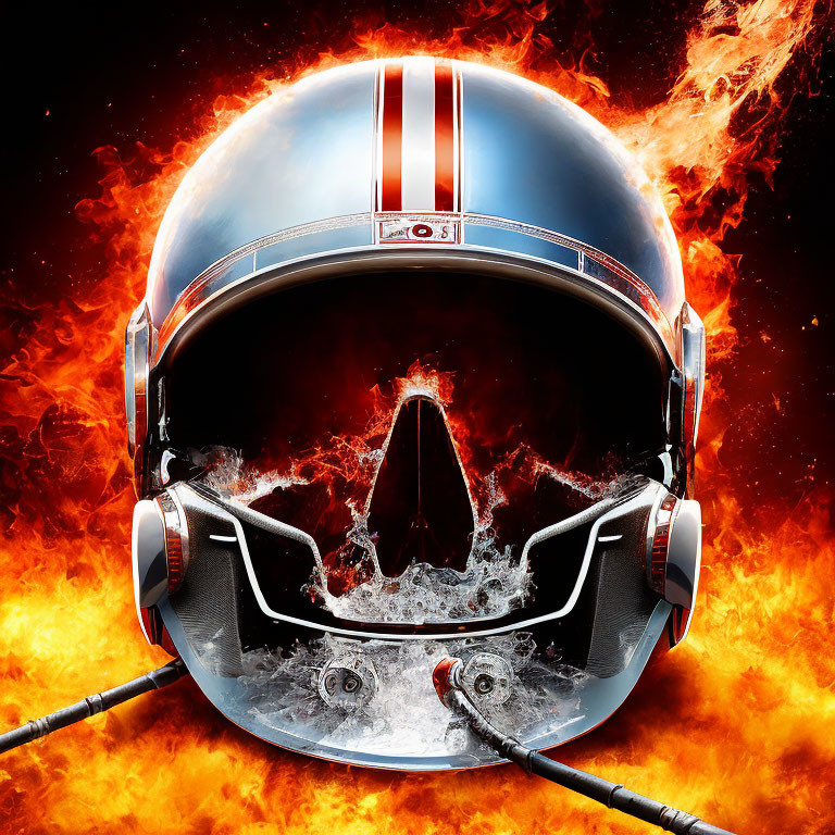 Stylized astronaut helmet shattering against fiery cosmic backdrop