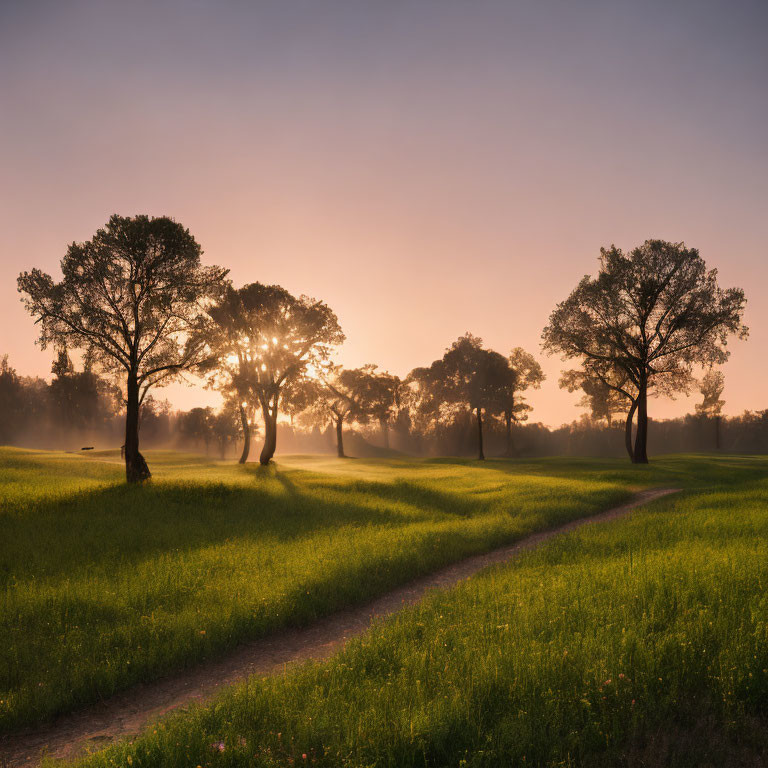 Serene park sunrise with split pathway and misty glow