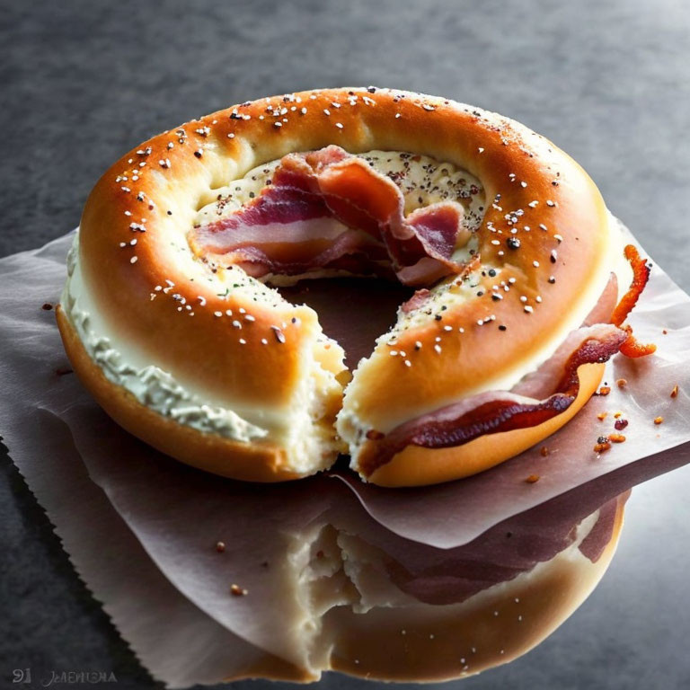 Bagel with Cream Cheese, Bacon, Seeds on Wax Paper on Dark Background